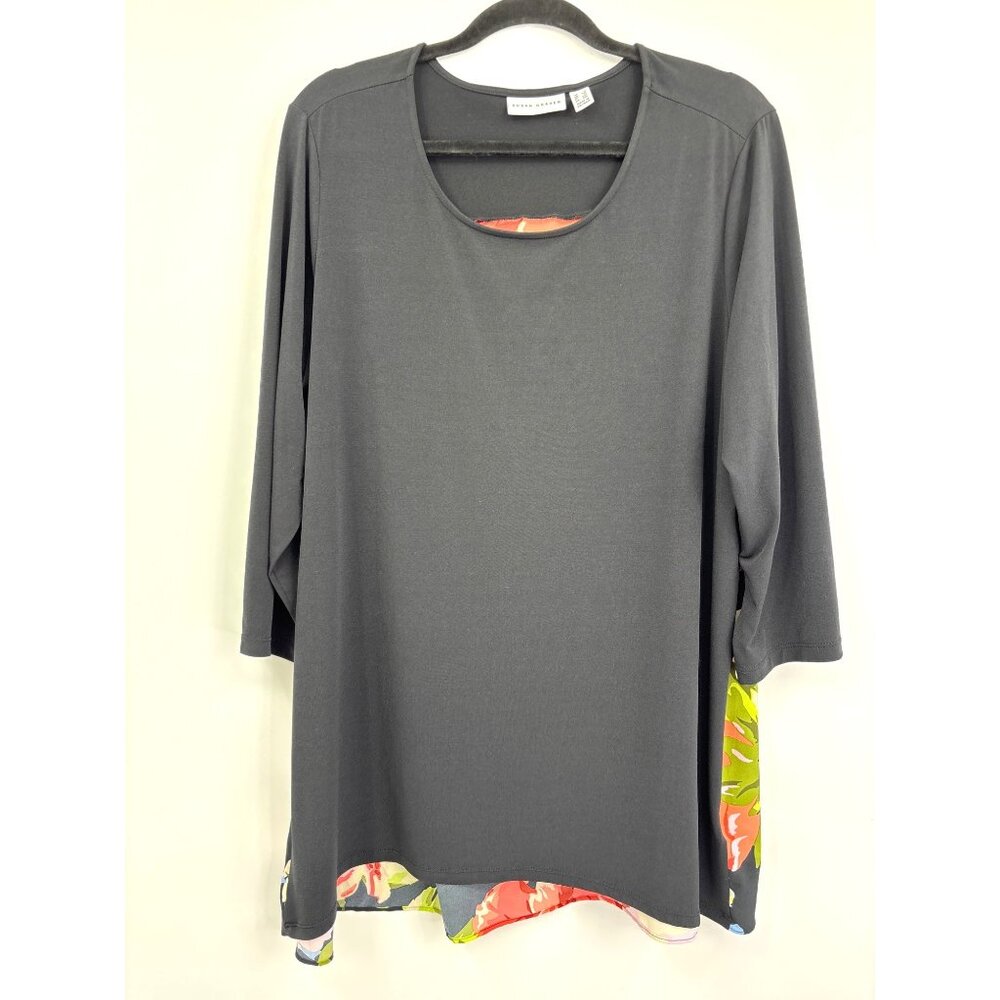 Susan Graver Floral Back Top Blouse 3/4 Sleeve Black 1X